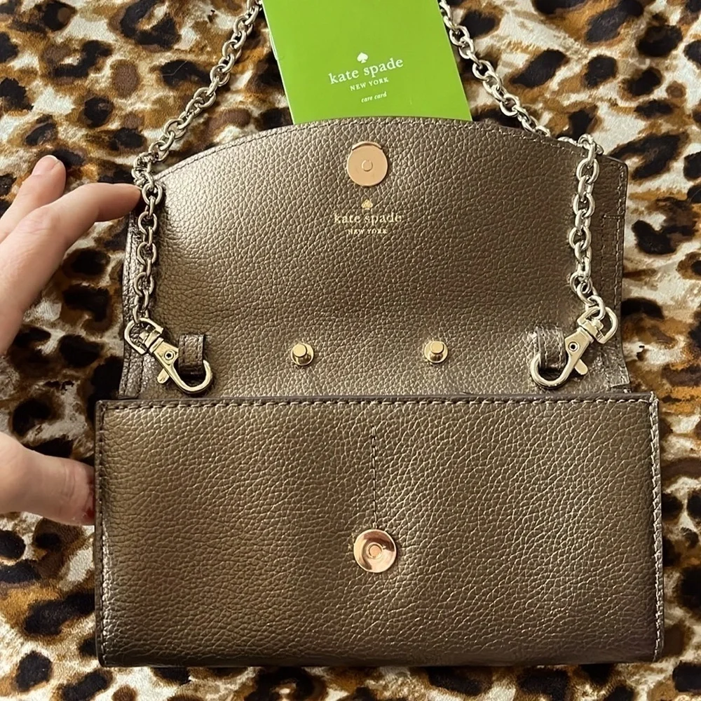 Brand New KATE SPADE Leather Eva Wallet Clutch Chain Shoulder Bag Ash Metallic